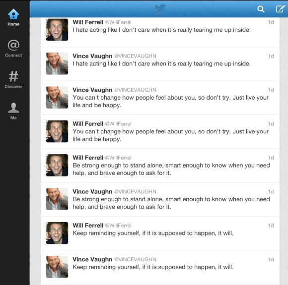 And then the takeover. Zombie tweets of Will Ferrell under Vince's voodoo spell. Circa April 22, 2013
